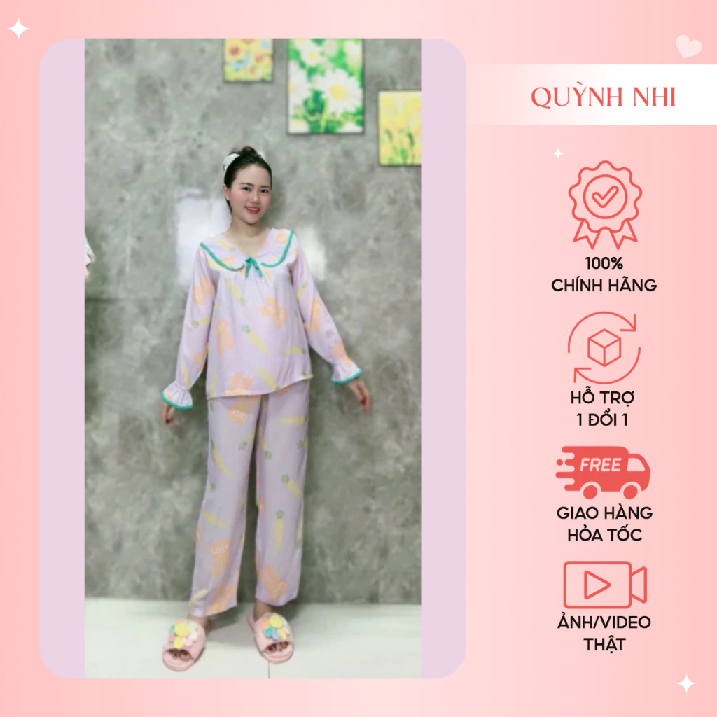 Đồ ngủ mùa đông Quỳnh Nhi, Thiết kế dài tay, Cổ bèo họa tiết tinh tế, Tiểu thư bánh bèo - TLD240