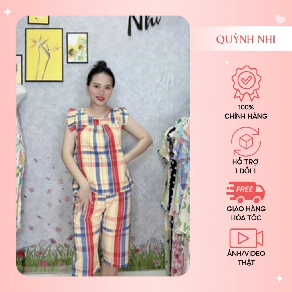 Đồ bộ mặc nhà , Đồ bộ LỤA mặc nhà nữ quần lửng tay cánh tiên , họa tiết sọc caro hot [CÓ SIZE] - LUA48