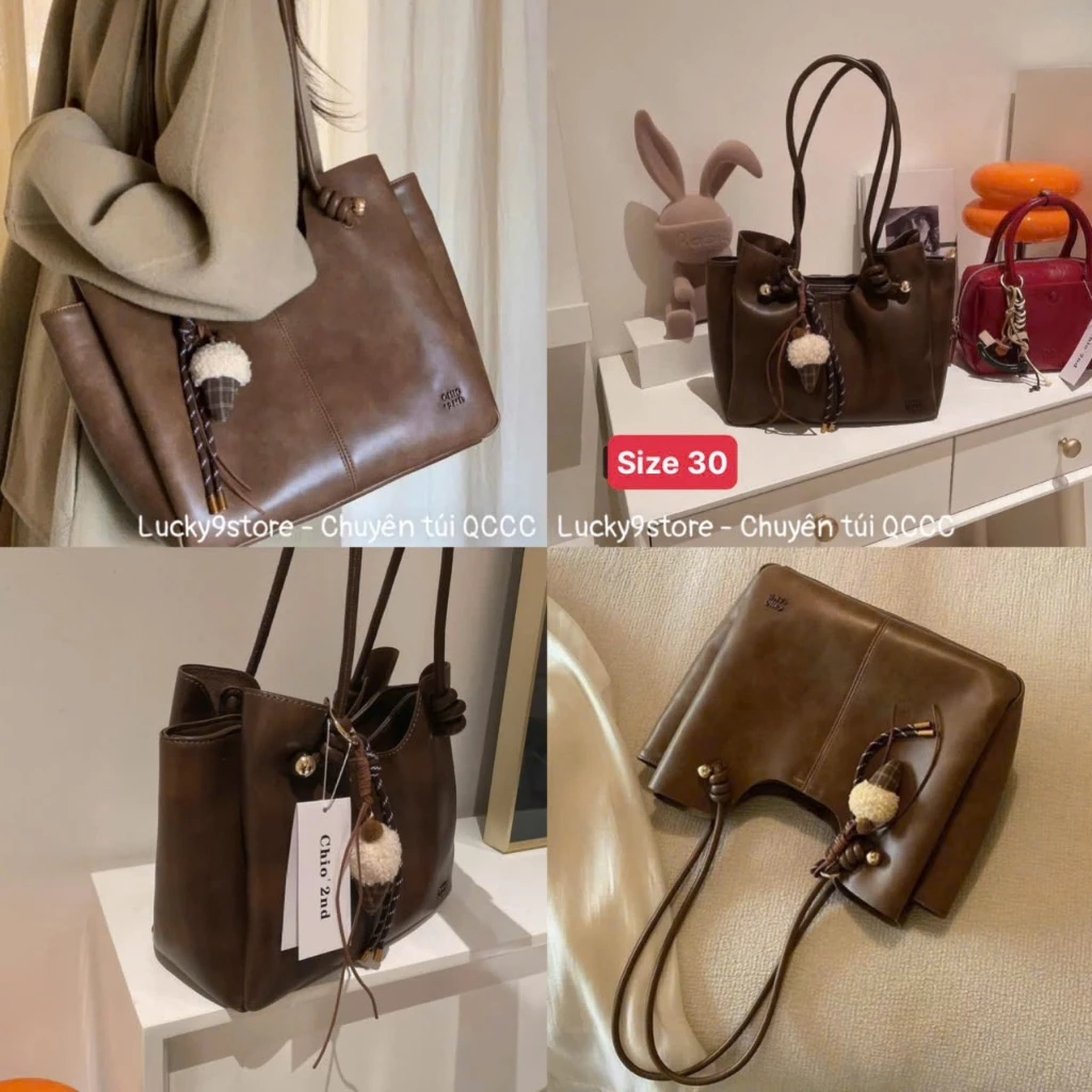 Túi nữ Túi tote size 30 tặng charm kem bông màu nâu vintage quai dài đeo vai siêu xinh K0601#