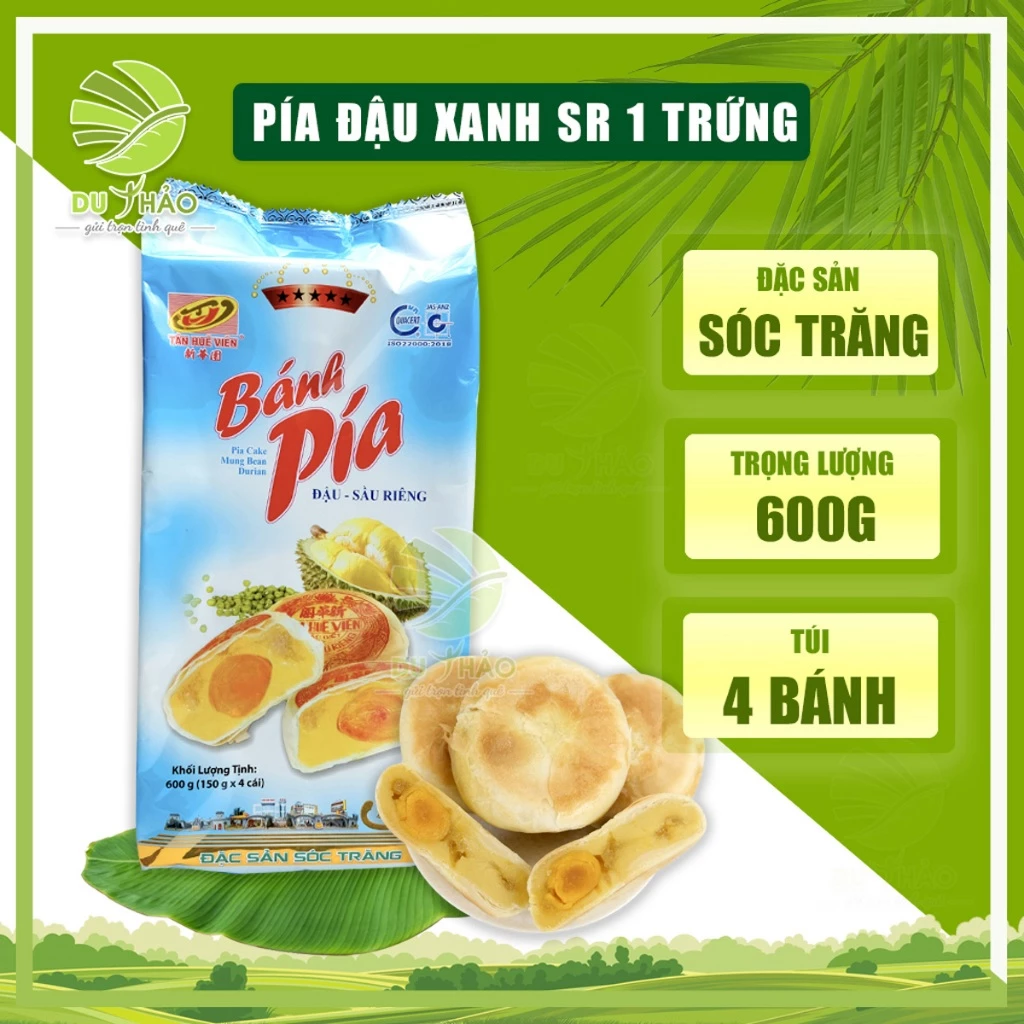 Bánh pía Tân Huê Viên đậu xanh sầu riêng 1 trứng muối  600g, bánh pía Sóc Trăng đặc biệt 5 sao túi 4 bánh