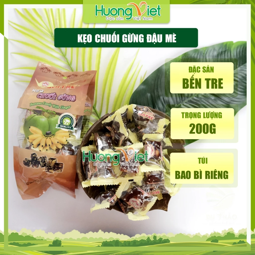 Kẹo chuối gừng đậu phộng Bến Tre thơm béo 200g, kẹo chuối Bến Tre chính hãng