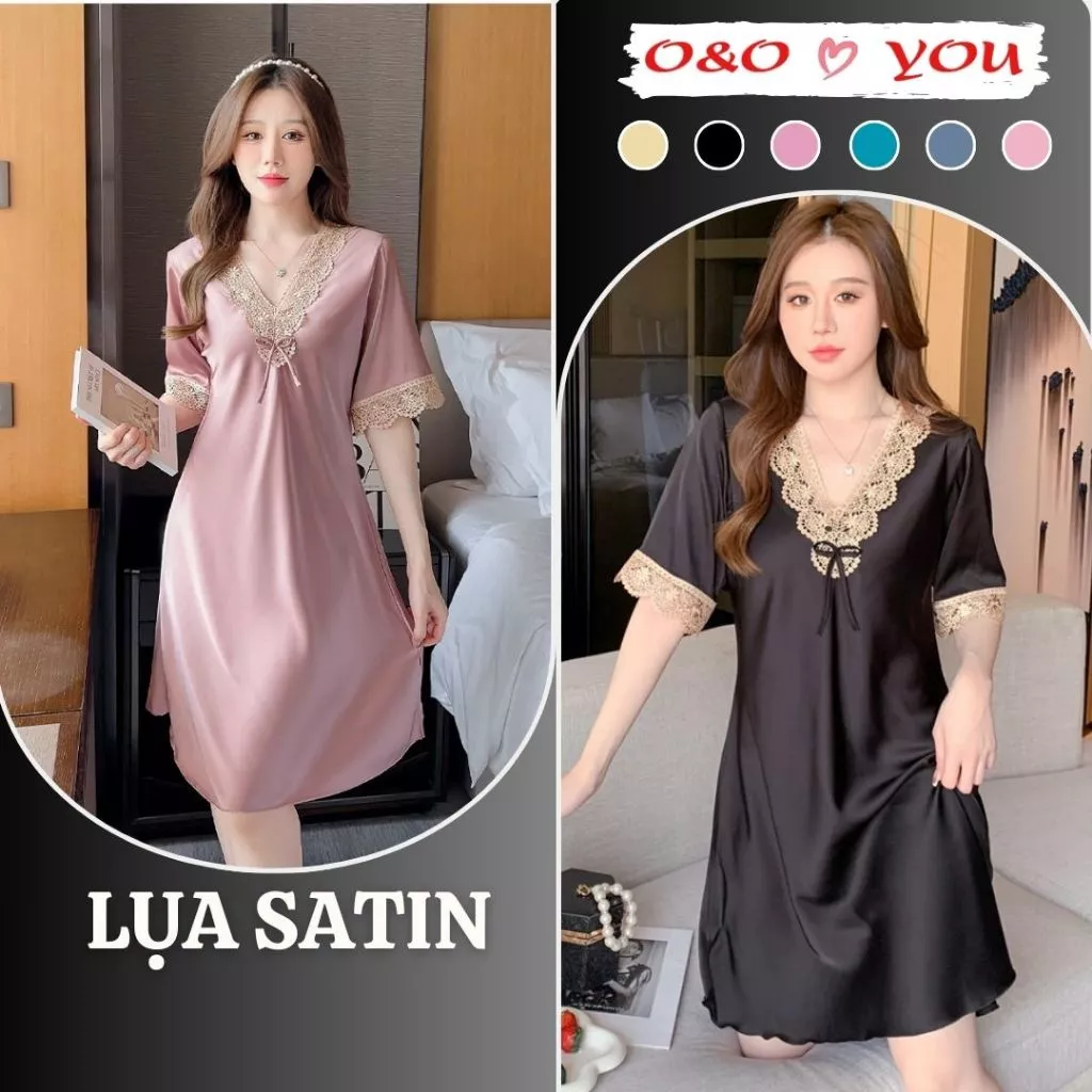 (Che tên Hoả tốc) Đầm váy ngủ dáng xuông liền thân dài tới gối chất liệu lụa satin bóng A30188 O&O