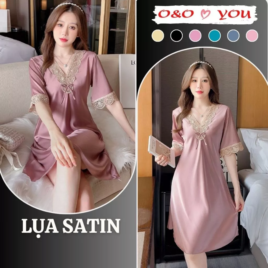 (Che tên) Váy ngủ trung niên dáng xuông liền thân dài lụa satin bóng A30188 O&O thoáng mát mềm mịn