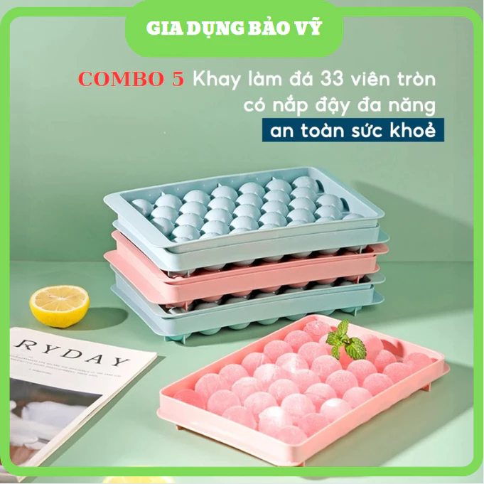 [COMBO 5] Khay Làm Đá Tròn 33 Viên Khuôn Làm Thạch Vỉ Đá Bi Tròn Có Nắp An Toàn Sức Khoẻ - BV98