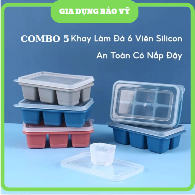 [COMBO 5] Khay Làm Đá 6 Ô Vuông To Dẻo Dễ lấy đá Có Nắp Tiện Lợi - BV99
