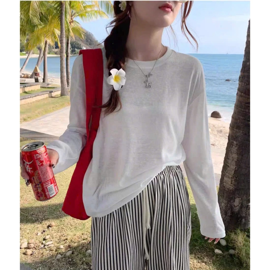 Áo dài tay nữ dáng rộng mặc hè Menina, áo thun nữ dài tay chất xược giấy mặc đi biển