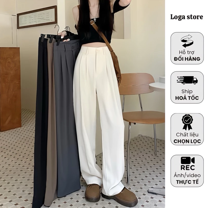 Quần ống suông nữ cạp cao dáng dài, quần tây ống rộng 1 khuy cài chất gold nhật có chun lưng Logastore_L001