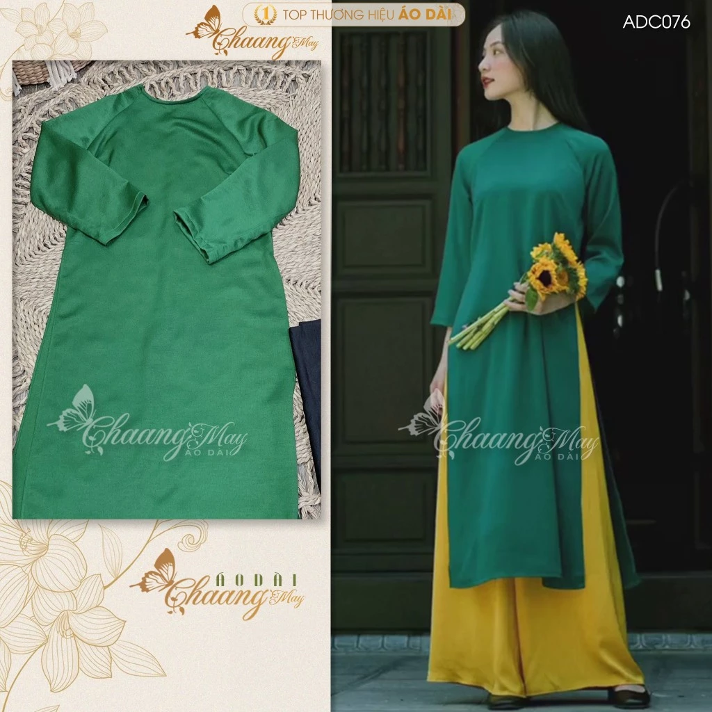 Áo dài cách tân nữ xanh rêu dáng suông xưa Chaang may sẵn lụa xuông bầu dự tiệc lễ tết đẹp ADC076