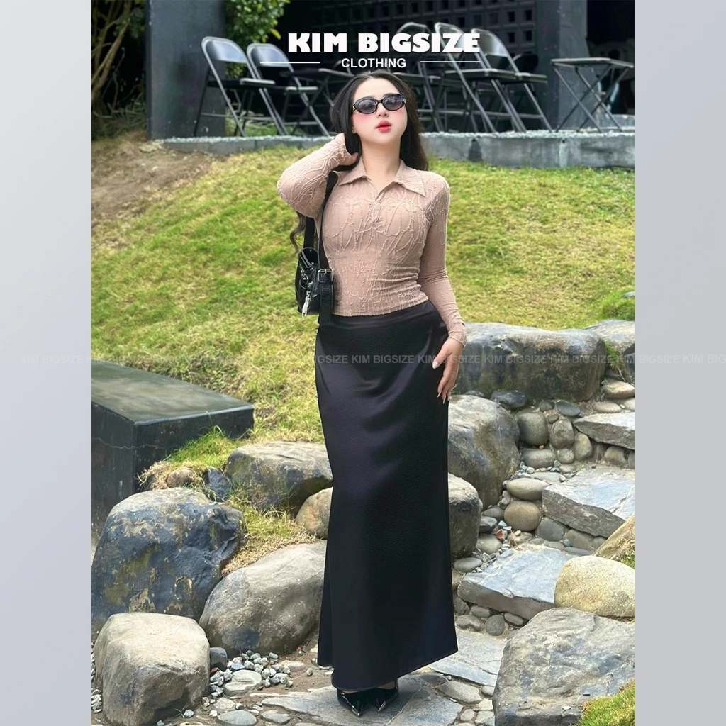 Áo kiểu nữ bigsize tay dài cổ bẻ vải ren lưới(55-85kg)[KIMBIGSIZE]
