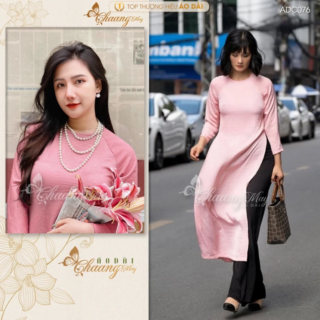 Áo dài cách tân nữ hồng dáng suông xưa Chaang may sẵn lụa xuông bầu dự tiệc lễ tết đẹp ADC076