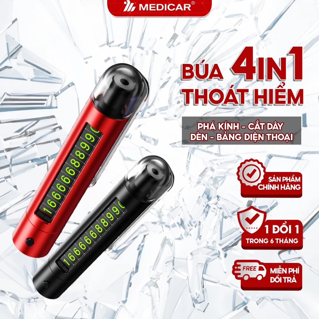 BÚA THOÁT HIỂM Ô TÔ 4IN1 Medicar - Phá kính nhanh, Lưỡi dao bén, Đèn led sáng, Bảng số điện thoại