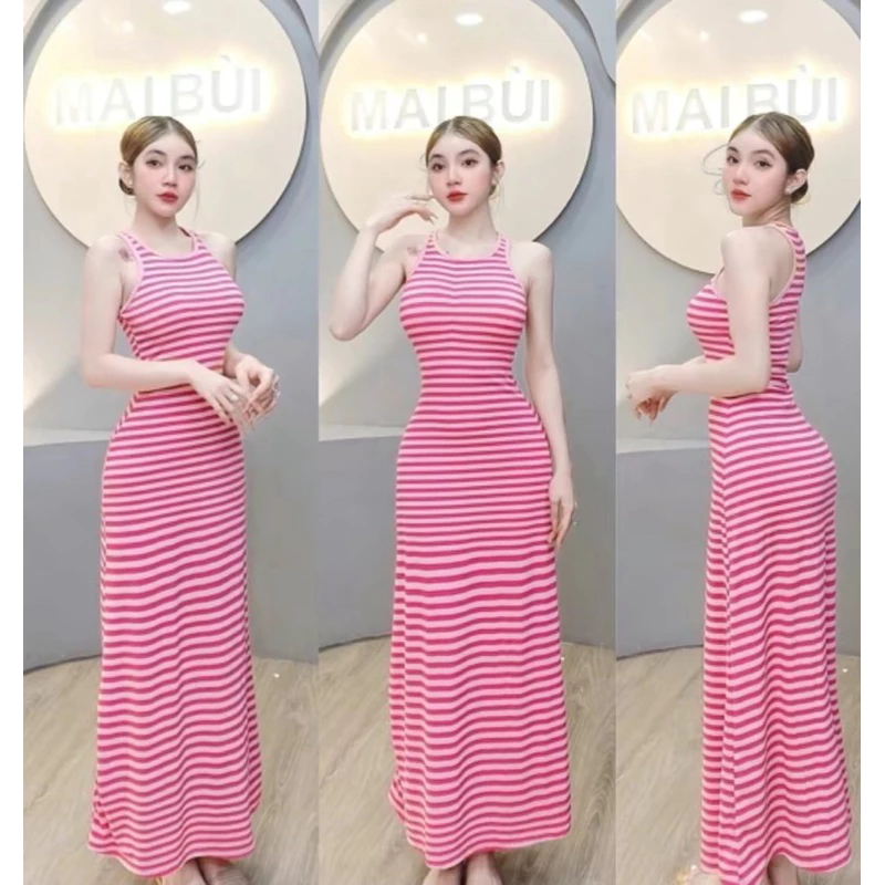 Đầm Ba Lỗ dáng chữ A kẻ sọc Hồng xinh xắn có size lớn