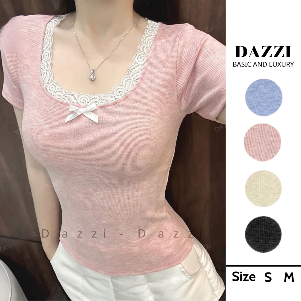 Áo thun nữ DAZZI viền ren phối nơ,áo thun babytee cổ vuông form ôm co dãn 4 chiều A015