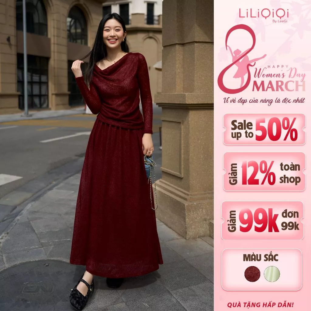 Set Áo Len Cổ Đổ Chân Váy Nhún Xoè Dài LiLiQiQi By LeeGi Thiết Kế Thanh Lịch - AV831