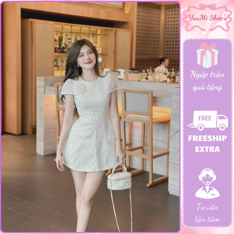 Váy nữ ren trắng đính hoa nổi, đầm nữ cổ tròn cộc tay đai eo dáng ngắn xòe tiểu thư dễ thương nhẹ nhàng Yuumi HCOM25382