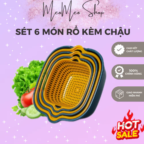 Set 6 món rổ kèm chậu bộ 3 rổ và chậu, thau nhựa rửa rau củ đựng hoa quả trái cây 2 lớp hình tròn chất liệu nhựa PP