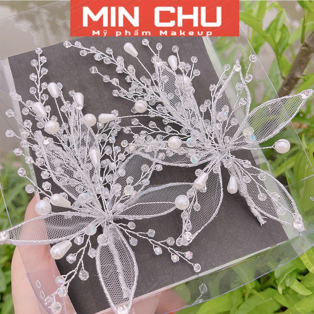 Cài tóc cô dâu cụm hoa lưới đính hạt tua hoa nhẹ nhàng xinh cho dâu