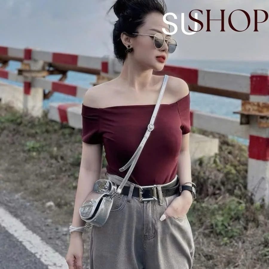 Áo trễ vai nữ tay ngắn CỔ THUYỀN chất thun co giãn phong cách Hàn Quốc M5487