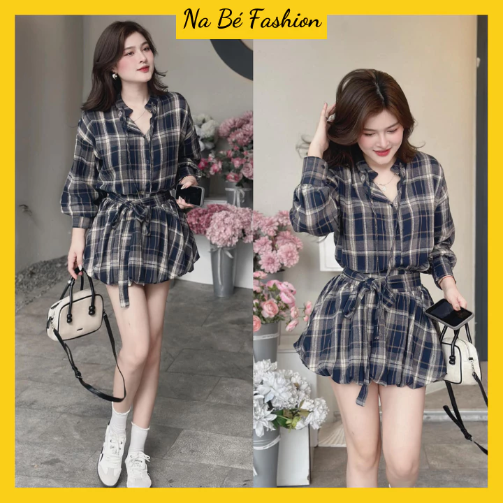 Set đồ nữ - Áo sơ mi kẻ caro tay phồng có đai lưng kèm chân váy bí bồng có quần bảo hộ NA02