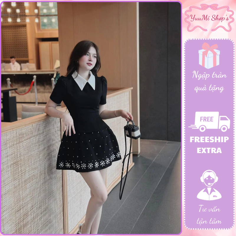 Váy nữ đen phối cổ sơ mi trắng tiểu thư sang chảnh, đầm nữ cộc tay dáng ngắn xòe họa tiết đính đá sang trọng HCOM25395