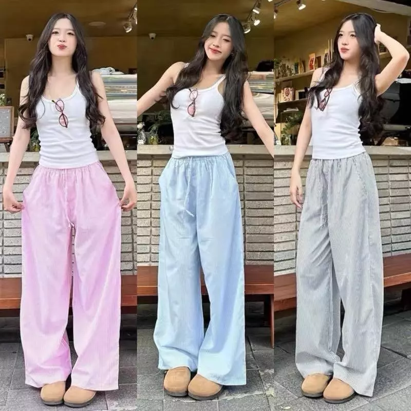 Quần Suông Kẻ Sọc  Lưng Chun Dây Rút Vải Kate Form Suông Siêu Đẹp_056