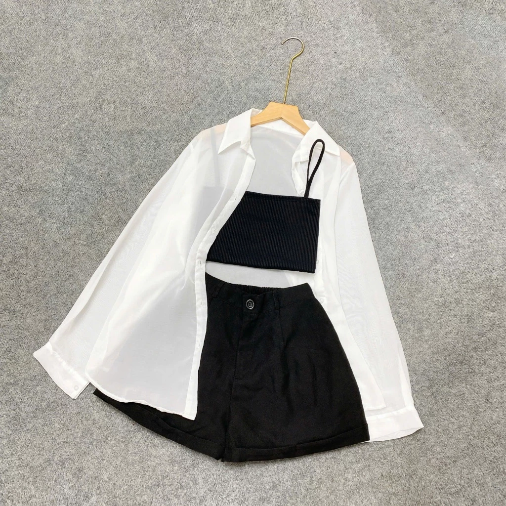 Set Bộ 3 Món Bigsize Nữ Gồm Áo Sơ Mi Voan Mỏng Kèm áo Dây Và Quần Đùi Lưng Cao Basic Cá Tính SET967