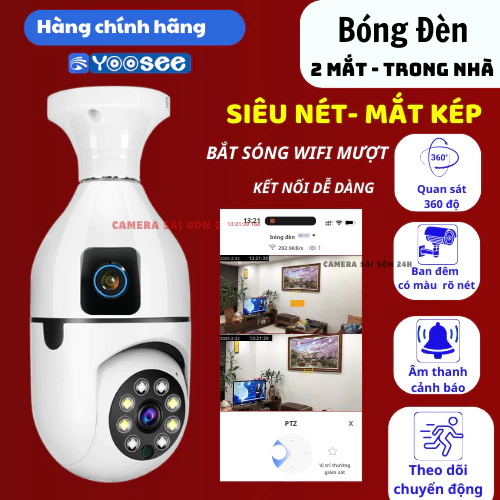 Camera wifi YOOSEE Trong Nhà Chui Bóng Đèn 2 Mắt 12Mpx  FULL HD xoay 360 độ - Xem Ban Đêm Màu Rõ Nét - Đàm Thoại 2 Chiều