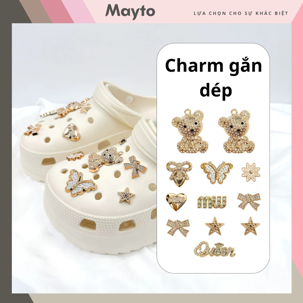 Bộ 12 Sticker, Charm 3D Queen Bear bling nhựa cứng gắn Dép Sục, Cá Sấu MayTo JB-307