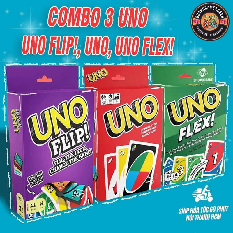 COMBO 3 Bộ UNO FLIP, UNO, UNO Flex 330 thẻ bài UNO boardgame vui vẻ cho gia đình và bạn bè