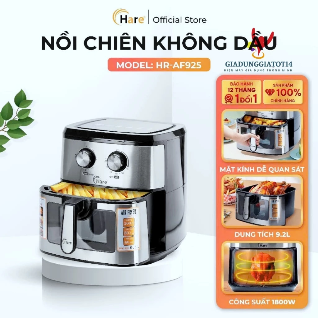 Nồi Chiên Không Dầu HARE HR-AF925 (9.2L) - Công Suất 1800W, Công Nghệ Rapid Air Khử Mùi, Chống Dính Cao Cấp