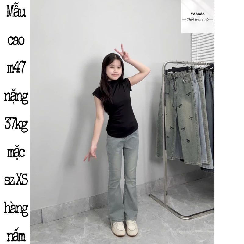 (LOE NẤM LÙN) QUẦN JEANS NỮ ỐNG LOE MÀU XANH BỤI RETRO VẢI CO DÃN nhận đơn từ m42 ( 9 tấc )