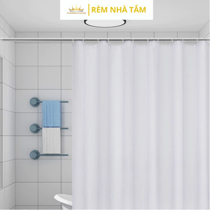 Rèm nhà tắm DÀY và thanh không khoan tường, họa tiết Trắng Trơn không thấy bóng người, không thấm nước, kèm vòng treo