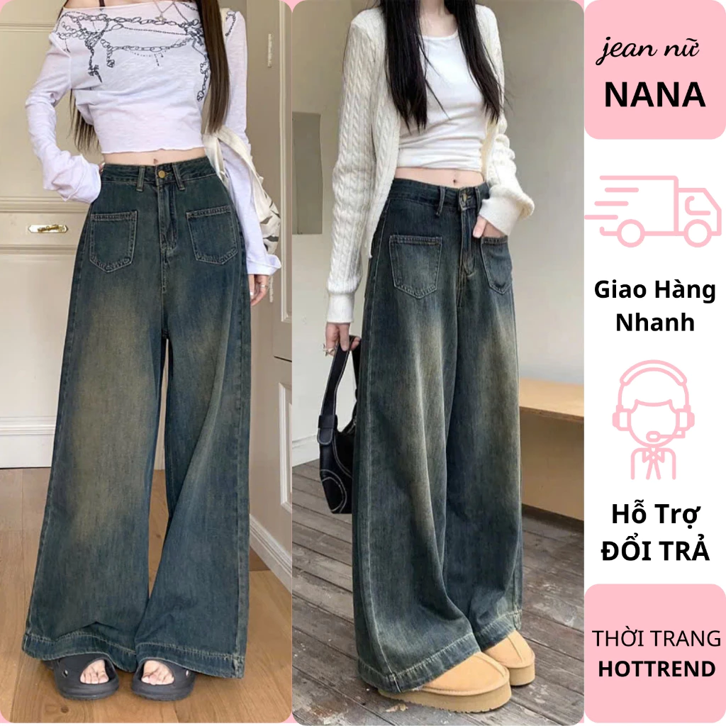 Quần jean nữ ống suông cạp cao có 2 túi trước cao cấp quần bò nữ ống rộng chất vải dày dặn phong cách hàn quốc