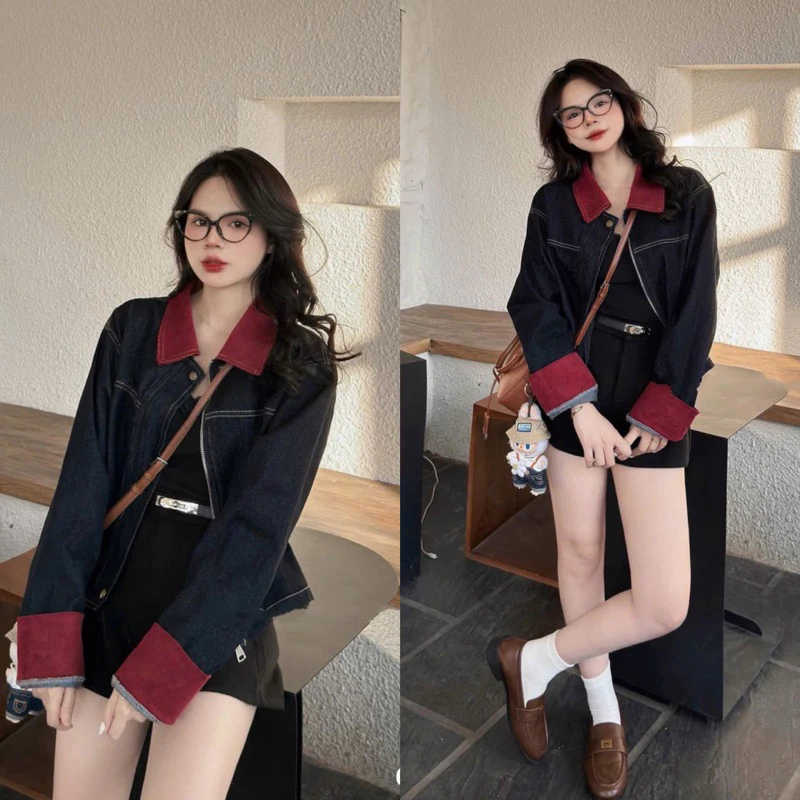 Áo Khoác Denim Nữ Phối Cổ Tay Đỏ Áo Jean Bò Mềm Hàng QC Loại 1 Áo Bò Màu Đậm Phối Tay 6833 (Có Sẵn Ship Hoả Tốc)