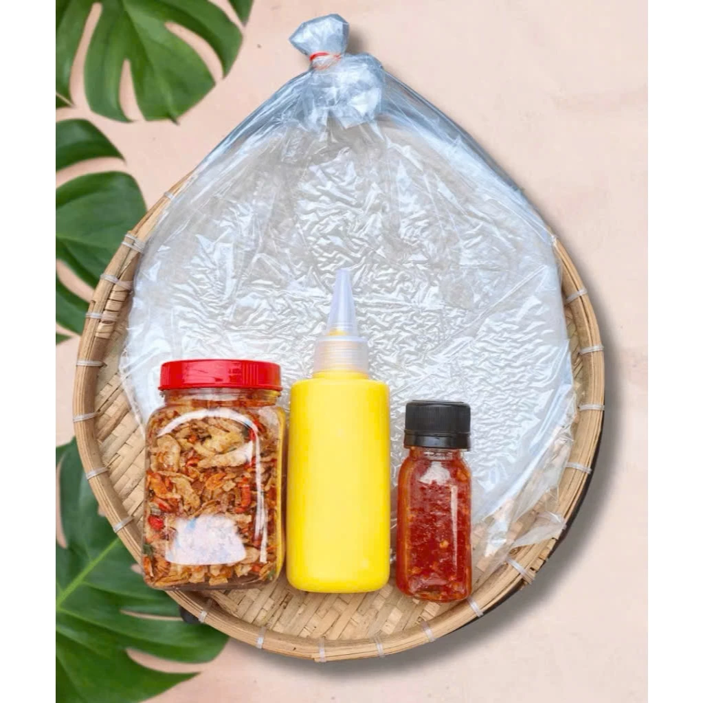 Bánh tráng phơi sương - Combo dùng thử siêu rẻ: Bánh tráng 100g - Tép hành phi 50g - Bơ béo 50g - 50g Sốt Bò