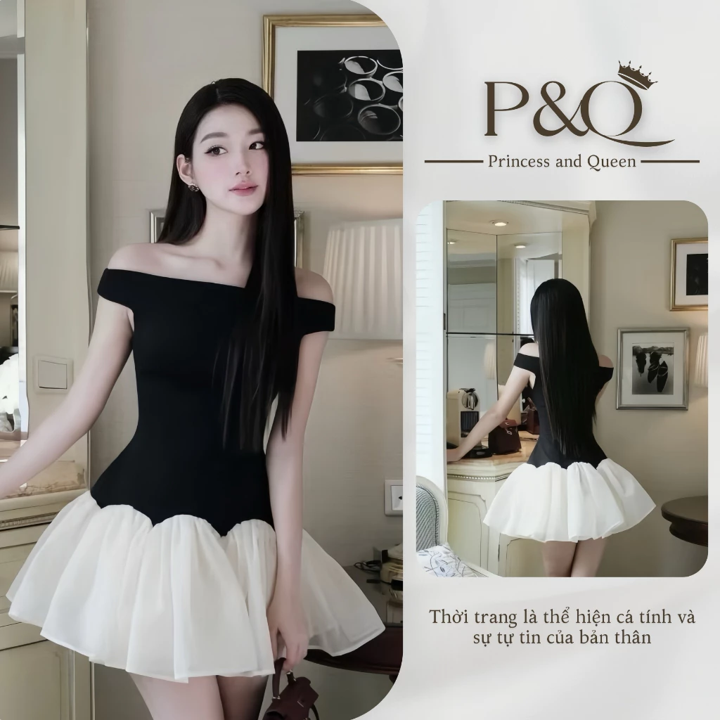 Đầm xòe nữ P&Q ngắn trễ vai phối màu đen trắng phong cách tiểu thư sang trọng | vd0070