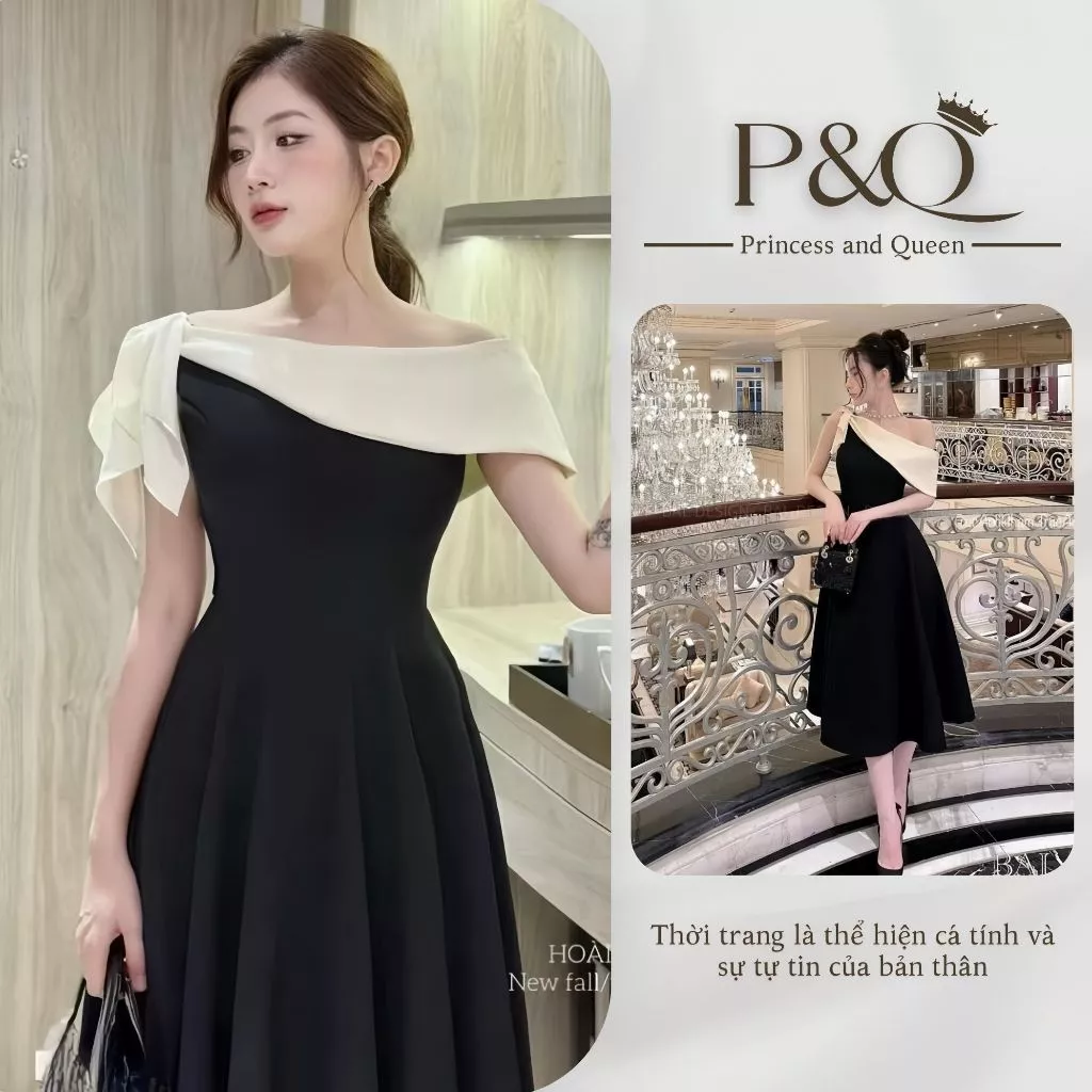 Đầm xòe nữ P&Q trễ vai phối nơ sang trọng phong cách tiểu thư quý phái | vd0072