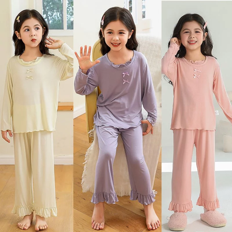 (15-55kg) Bộ Đồ Ngủ Dài Tay 100% Cotton Lạnh Cho Bé Gái - KinMall