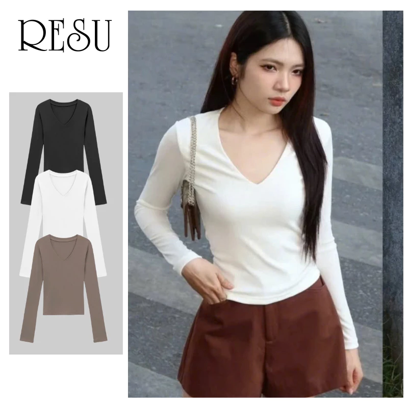 Áo Thun Tay Dài Cổ V Trơn Basic Dáng Dài Ôm Body, Áo Kiểu Thun Nữ Tay Dài Kiểu Sexy RESU