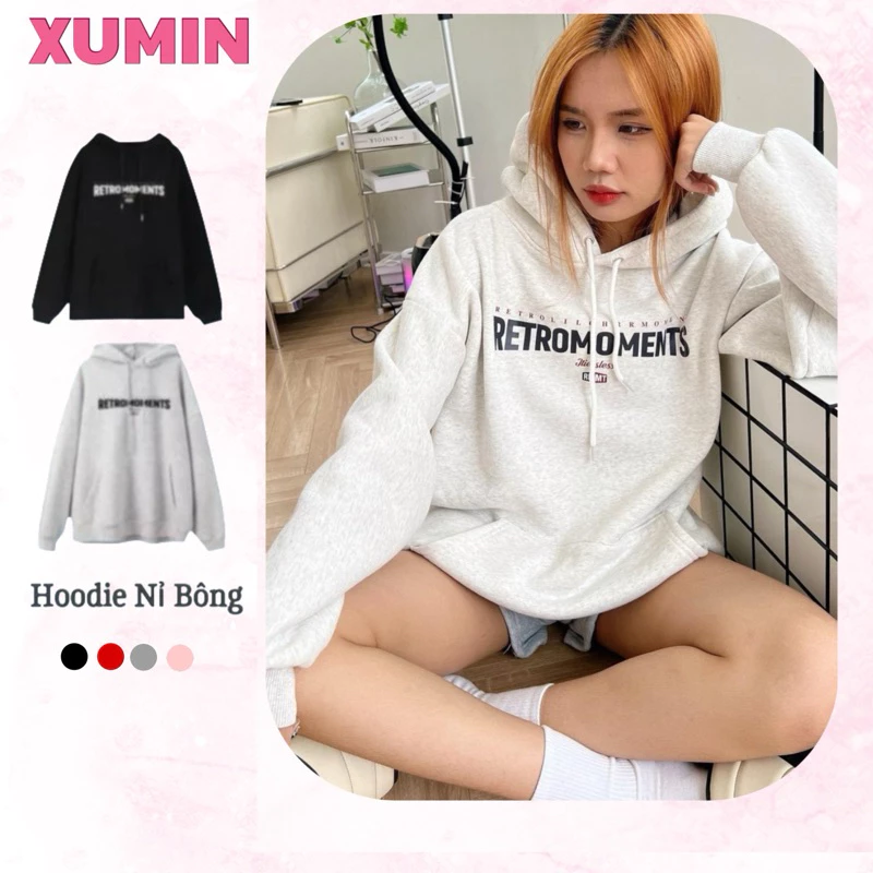 Áo Hoodie Nỉ Lót Bông Xu Min Min - Chất Dày Dặn, Mềm Mịn, Dáng Rộng Unisex, Kiểu Dáng Oversize - In Chữ " Retro"