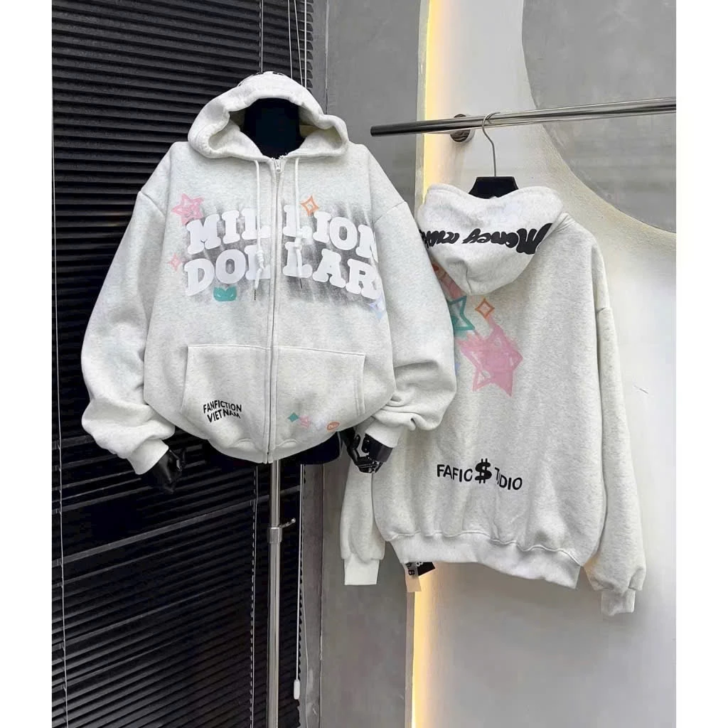 Áo Hoodie "Million Dollar Khóa Kéo 2 Dây Phong Cách StreetwearForm Rộng Unisex