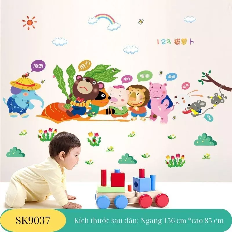 Decal dán tường Thú nhổ củ cải SK9037 tranh dán tường trang trí phòng ngủ phòng khách