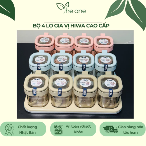 Bộ 4 lọ gia vị Hiwa. Thiết kế kèm muỗng, khay đựng tiện dụng. Hũ gia vị ngăn kiến, không ẩm ỉu