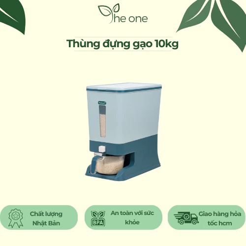 Thùng đựng gạo 10kg Hokori. Thiết kế miệng rót tiện lợi, tặng kèm cốc định lượng. Thùng gạo cao cấp