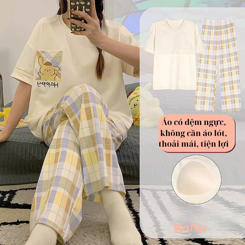 Bộ quần dài cổ tròn cho nữ mặc nhà RaNa vải cotton bông tự nhiên áo có sẵn đệm ngực có thể điều chỉnh theo kích cỡ
