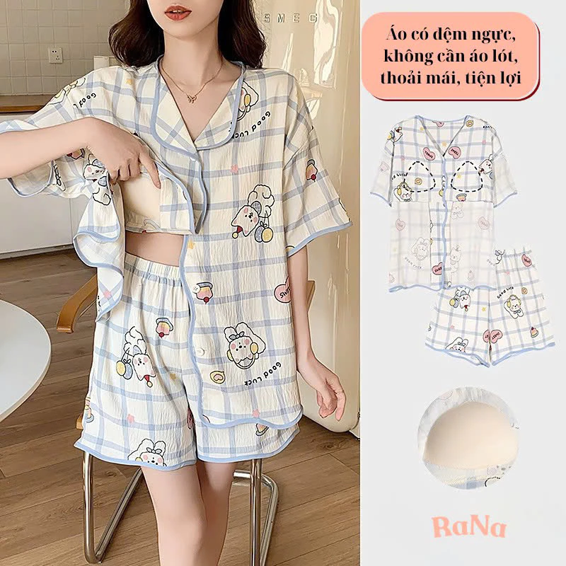 Đồ Bộ Mùa Hè cài nút – Chất Đũi Cao Cấp, Đệm Ngực Tiện Dụng