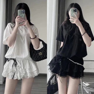 Set jumpsuit liền thân dáng xòe phối ren kèm dây ngọc thắt nơ eo có quần bảo hộ rời MS44