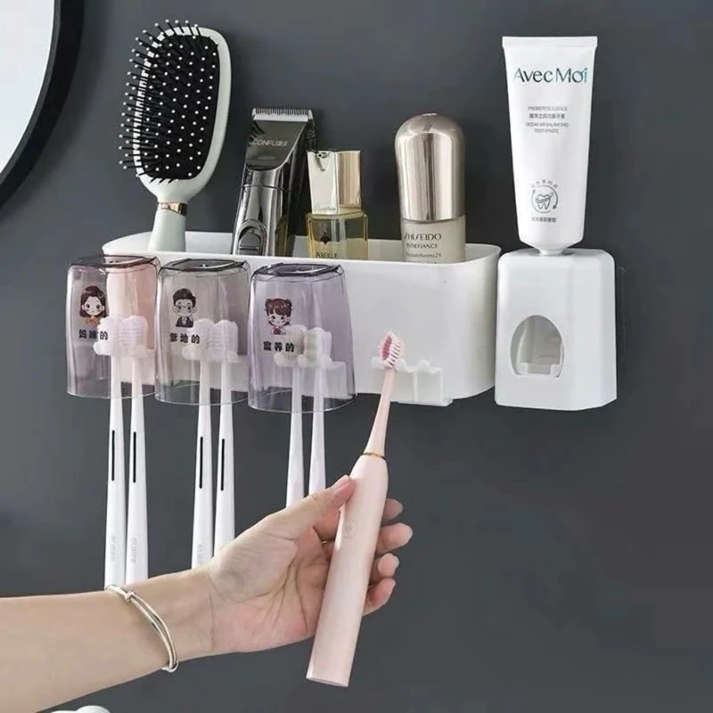 Bộ Nhả Kem Đánh Răng Tự Động Cao Cấp Kèm 4 Cốc Dán Tường và Bàn Chải .