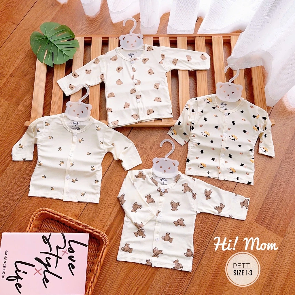Sét 2  Áo Sơ Sinh Họa Tiết Quả Chanh, Gấu, Bò Sữa  Pettit  Nền Trắng Kem Cho Bé