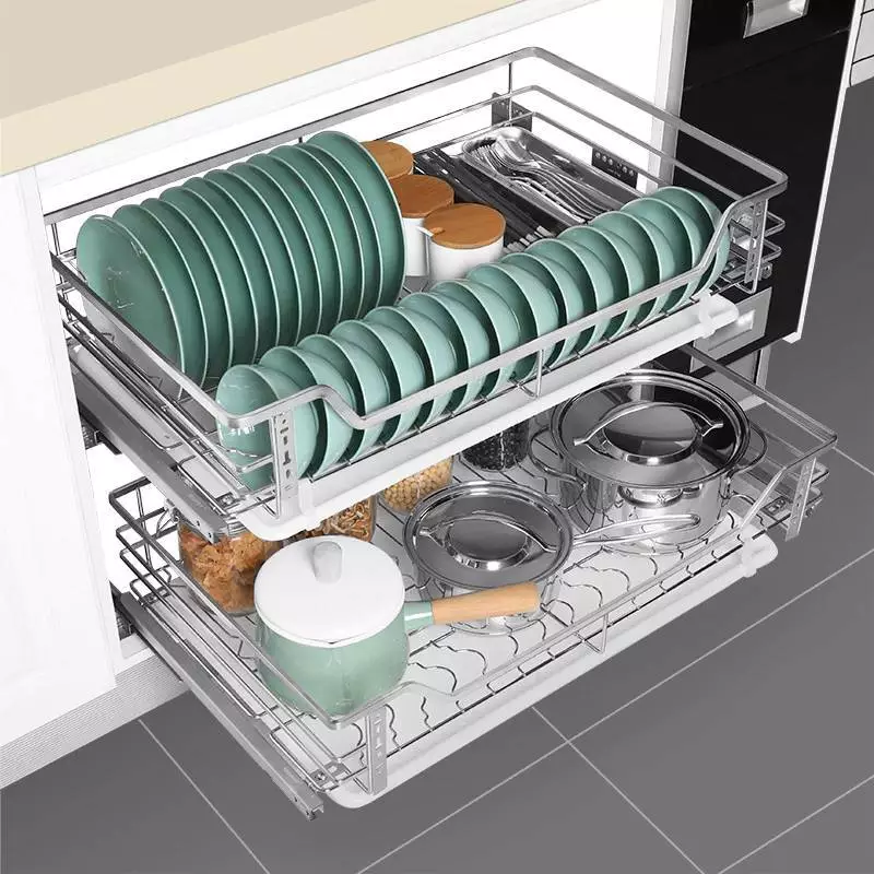 Giá Kéo Xoong Nồi Bát Đĩa Lato Inox SUS 304 Chống Han Rỉ Có Ray Giảm Chấn Có Khay Hứng Nước Bảo Hành 5 Năm